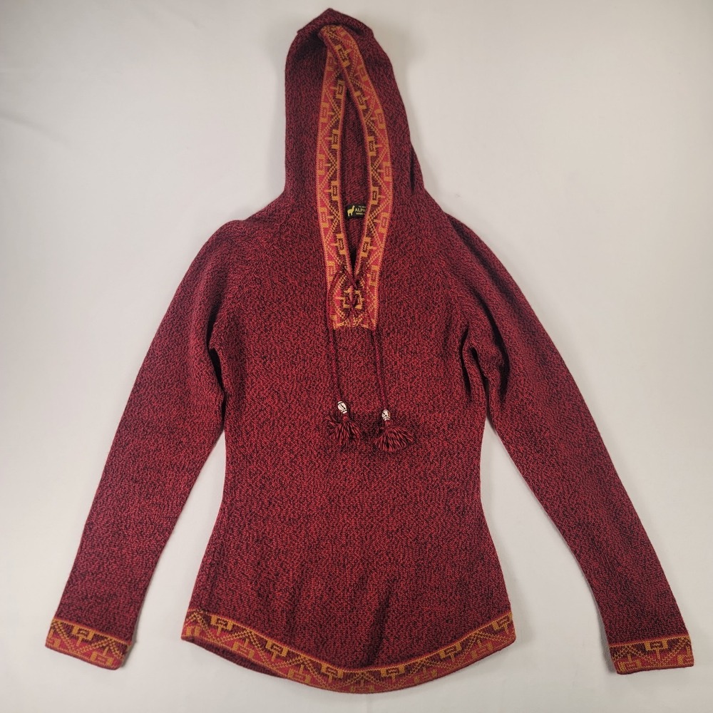 Alpaca Fina Peru Hooded Knit Sweater Women's Small Red Boho Fair Trade